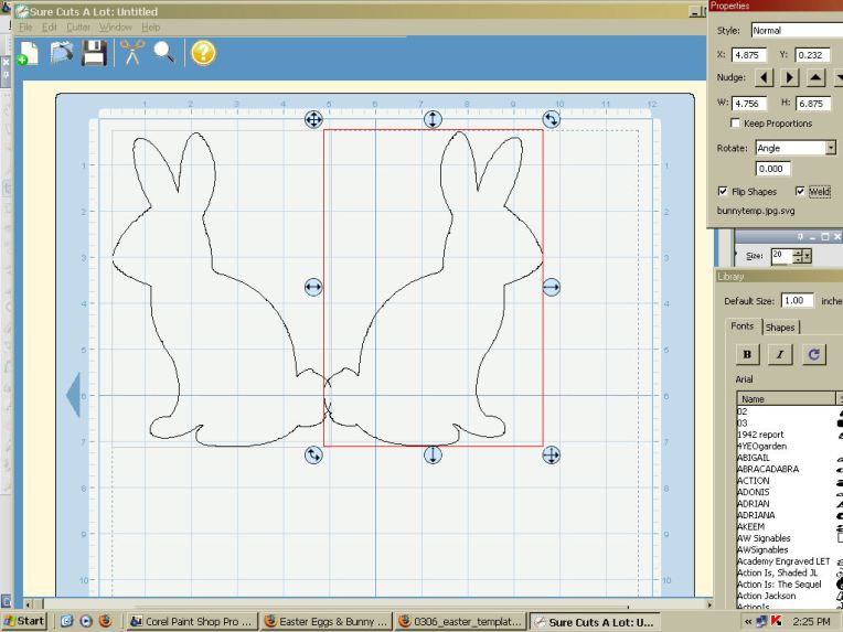 The file is imported, to make the card copy and paste the bunny. Flip one of the bunnys and make sure you check "weld" for each and linke them up at the tails like this and cut.