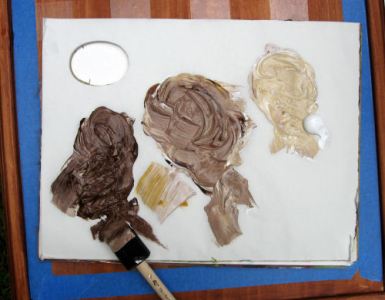 Mix 3 shades of brown using white, burnt umber and yellow ochre.