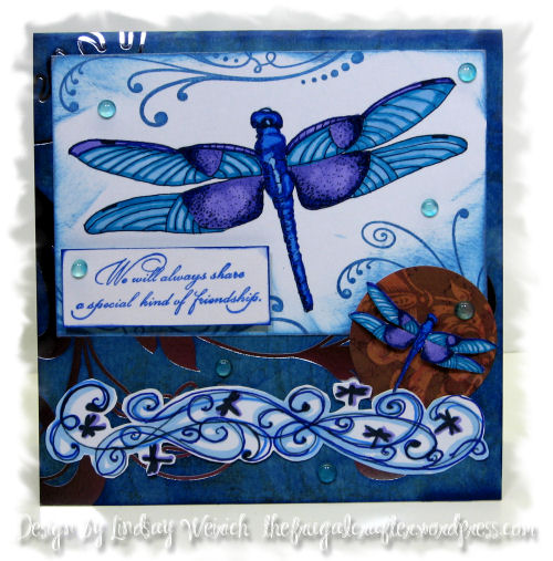 Digital Stamps: (dragonflies and swirl border)Lindsay's stamp Stuff, Pattern Cardstock: DCWV (Rock Star Stack) Rubbewr stamp: The Rubber Cafe (flueradidy), Inque Boutique (Special Friend saying), other: Hot glue drops
