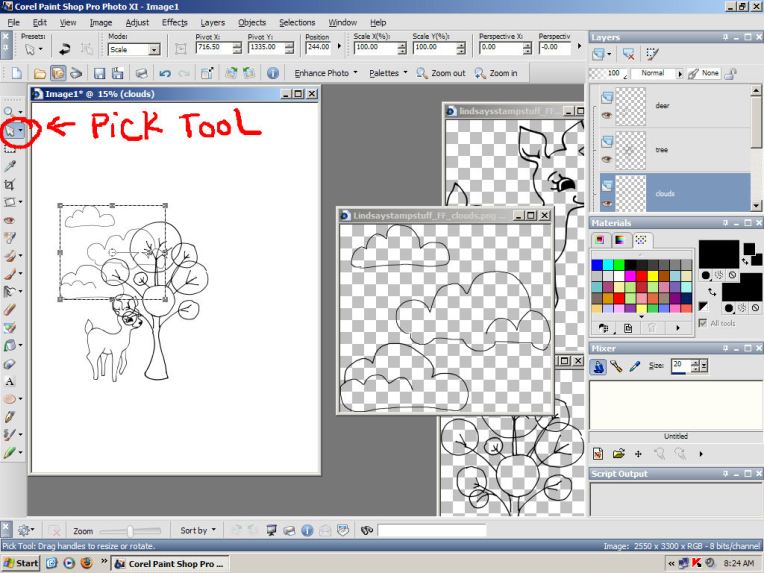 Use the pick tool to re-size and arrange the stamps.