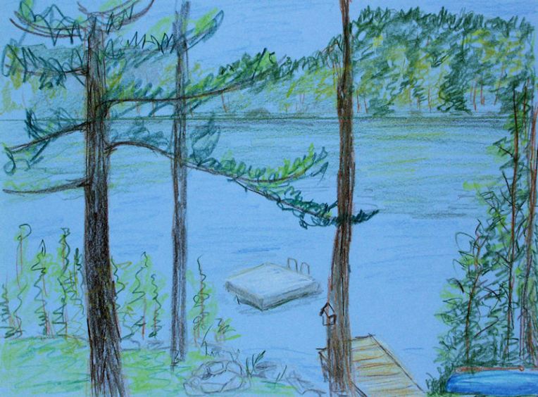 This is a quick colored pencil sketch on blue paper of the view from our deck.