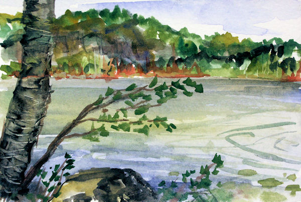 A watercolor postcard painting of the view from our dock.