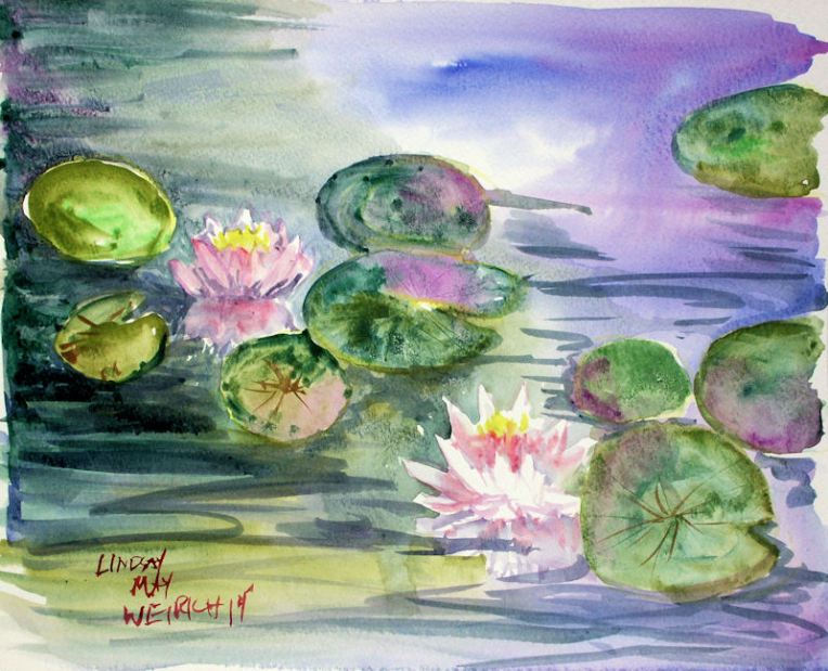 Waterlilies in watercolor the day after the first waterlily painting, another one bloomed! The flowers only opened in the morning. I sat on the dock with my coffee and paints. My dog shook all over this painting after she went for a swim, I think she helped it LOL!